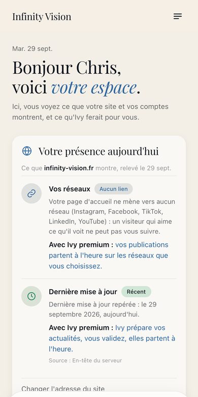 L'espace gratuit Ivy sur un téléphone : le bilan du site, les premiers pas